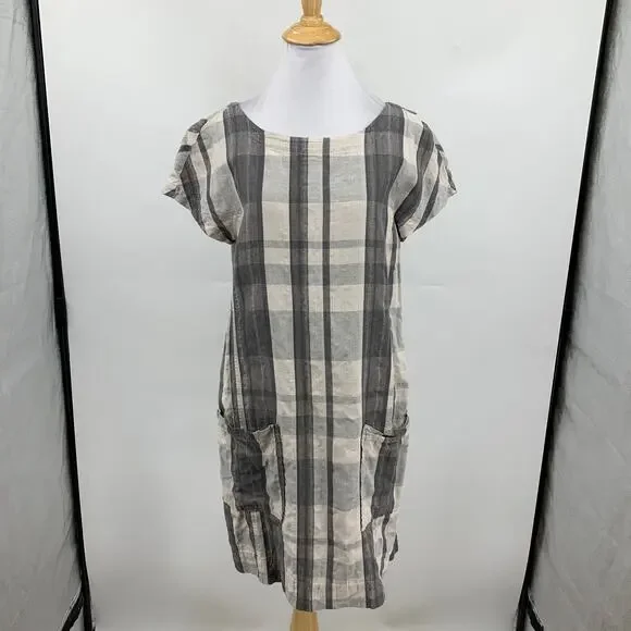 Eileen Fisher Dress Womens S Small Organic Linen Blend Plaid Lagenlook Pockets - Picture 2 of 13